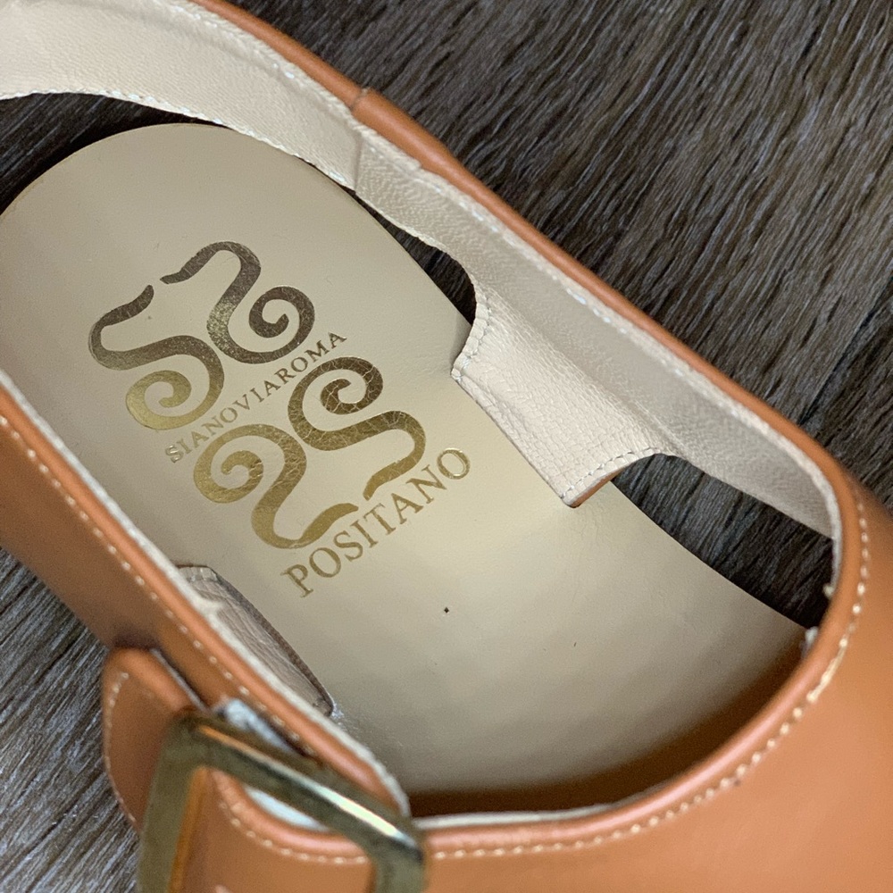 SianoviaRoma Positano Italian Leather Caramel Brown Leather Sandals Gold Buckle - Picture 8 of 9